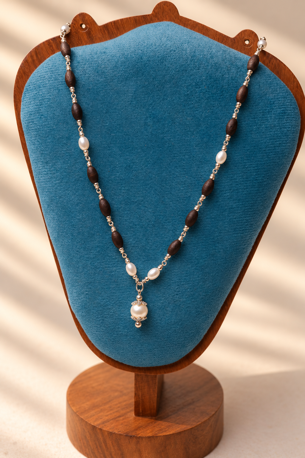 Teal Velvet Pearl and Wood Necklace Display