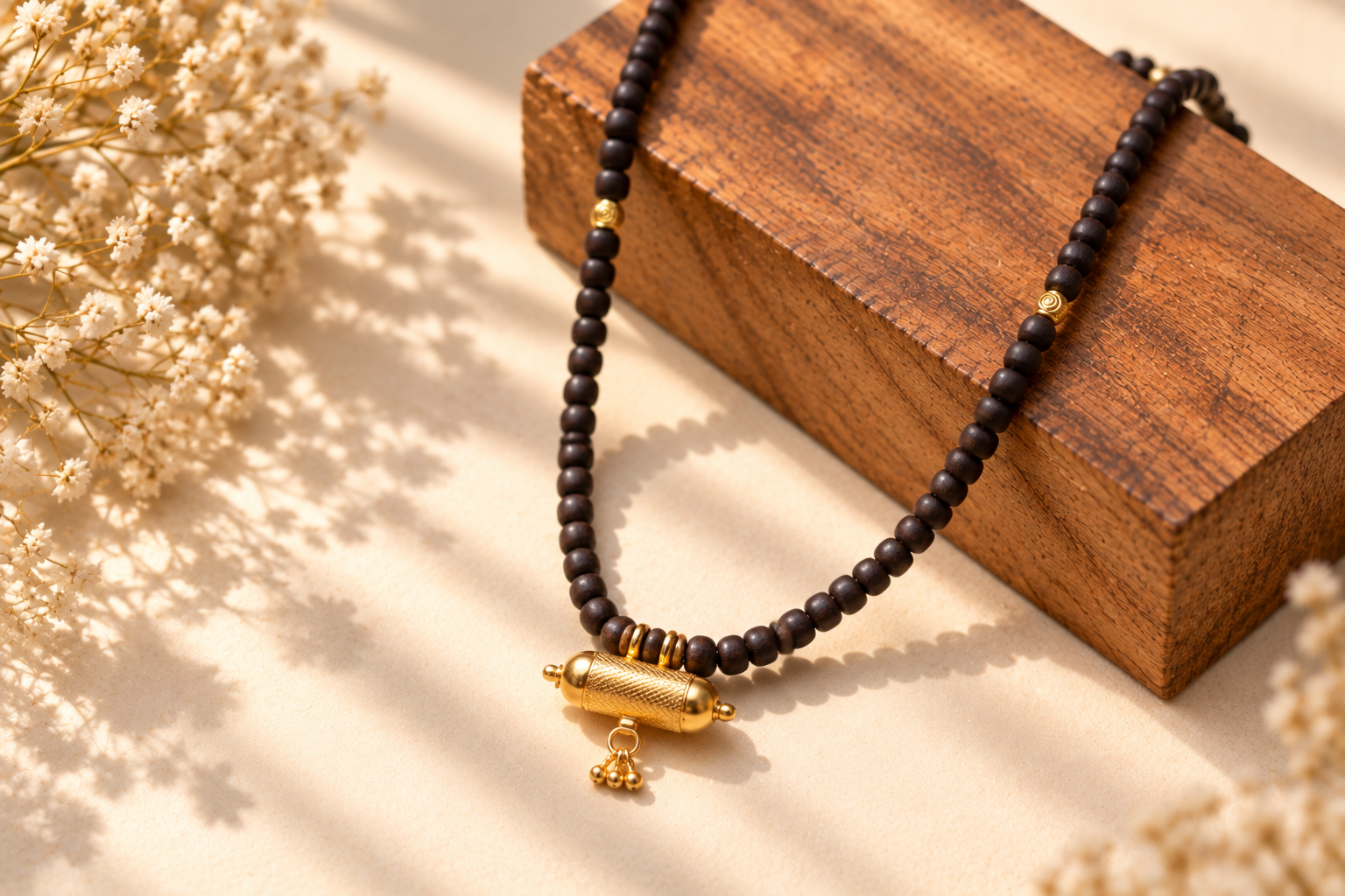 Warm Wooden Bead Necklace with Gold Pendant