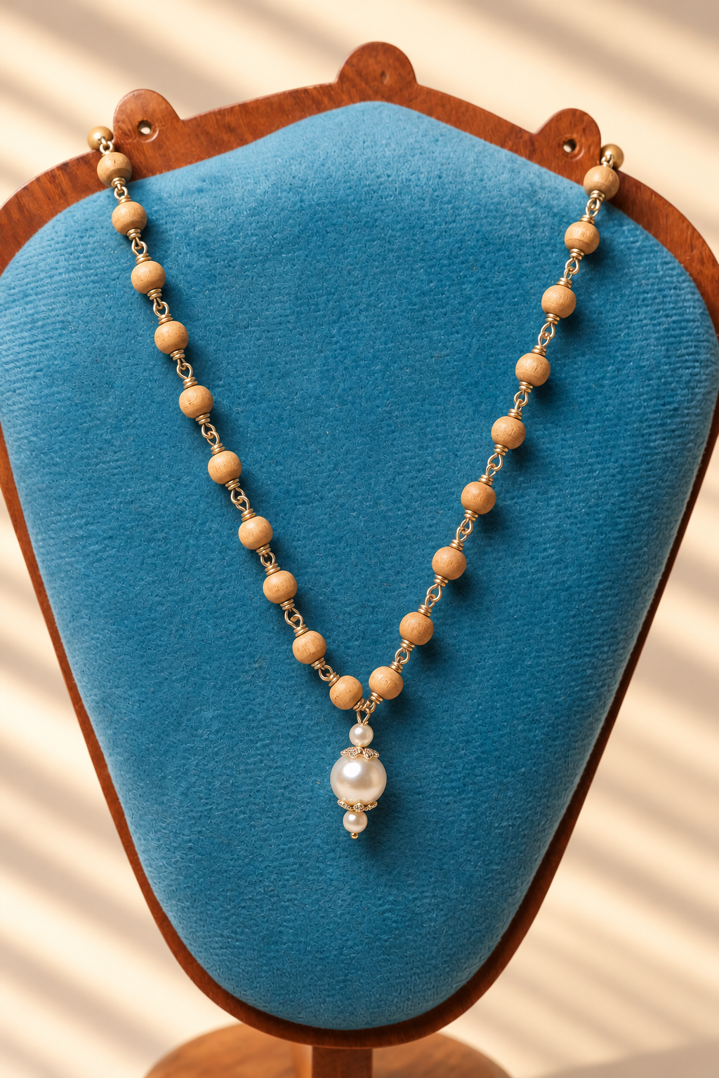 Wooden Bead Necklace on Teal Velvet